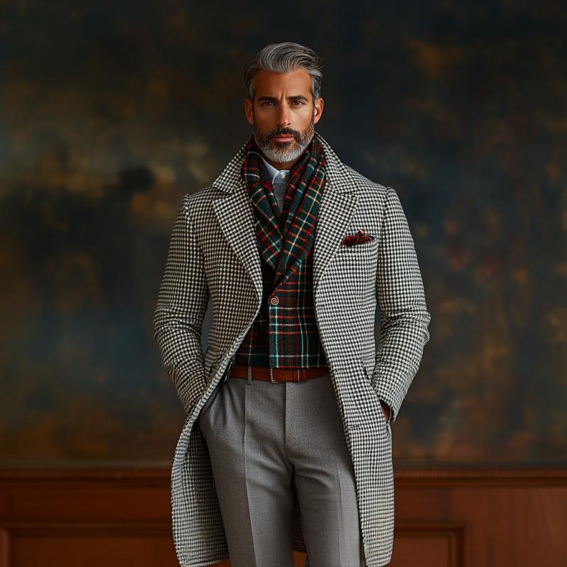 Men's Retro Business Houndstooth Lapel Single Breasted Mid-Length Coat 9261107904696