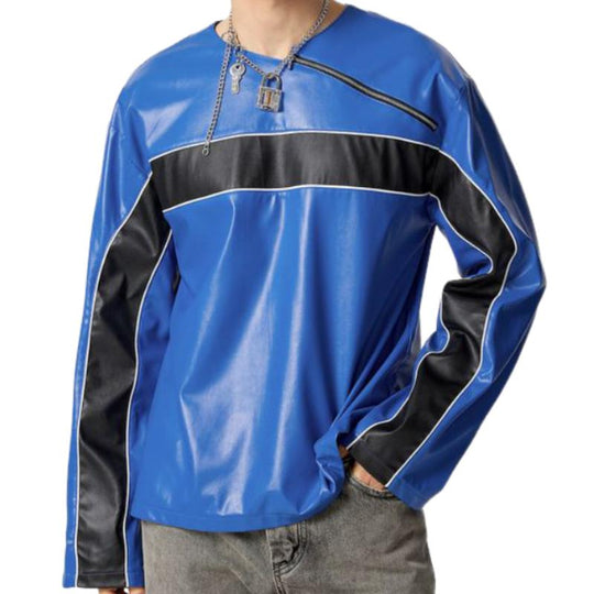 Men's Casual Loose Crew Neck Leather Sweatshirt 9887361892536