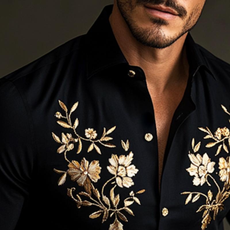 Men's Retro Casual Embroidered Lapel Long Sleeve Shirt 9885838508216