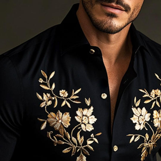 Men's Retro Casual Embroidered Lapel Long Sleeve Shirt 9885838508216