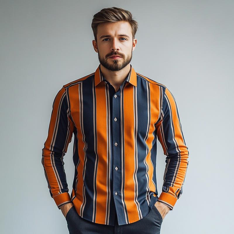 Men's Classic Casual Contrast Stripe Long Sleeve Shirt 9882787053752