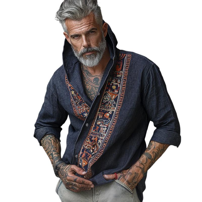 Men's Retro Casual Cotton and Linen Totem Print Long Sleeve Shirt 9879659249848