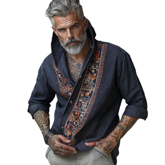 Men's Retro Casual Cotton and Linen Totem Print Long Sleeve Shirt 9879659249848