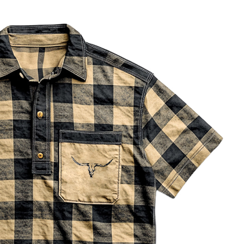Men's Retro Casual Plaid Western Print Lapel Short Sleeve Polo Shirt 9930002038968