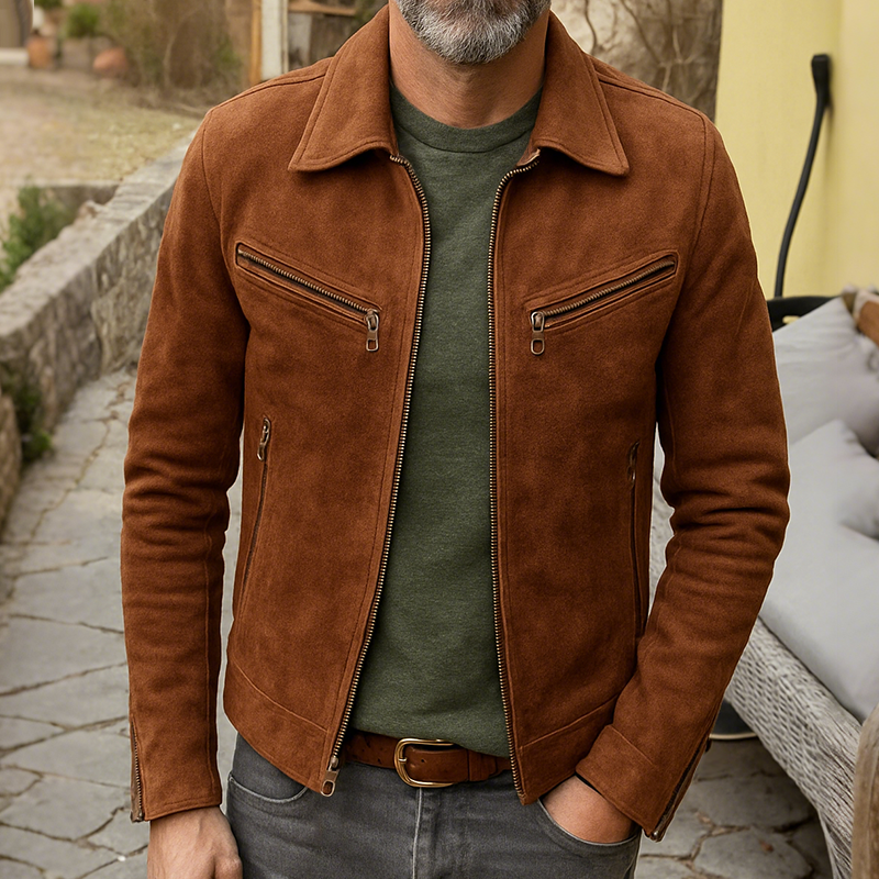 Men's Casual Retro Style Solid Color Suede Zipper Lapel Jacket DTT25081319
