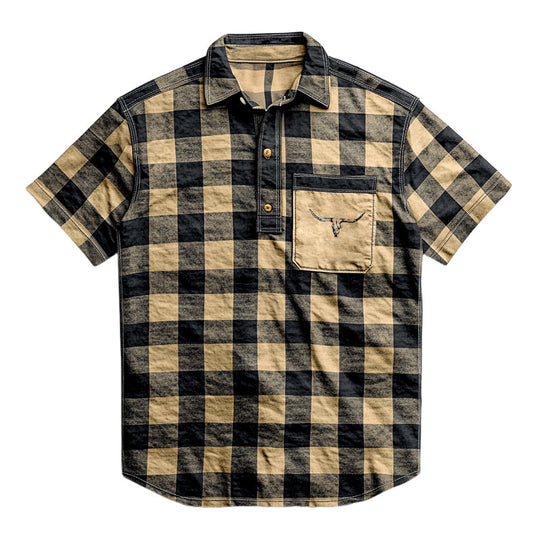 Men's Retro Casual Plaid Western Print Lapel Short Sleeve Polo Shirt 9930002038968