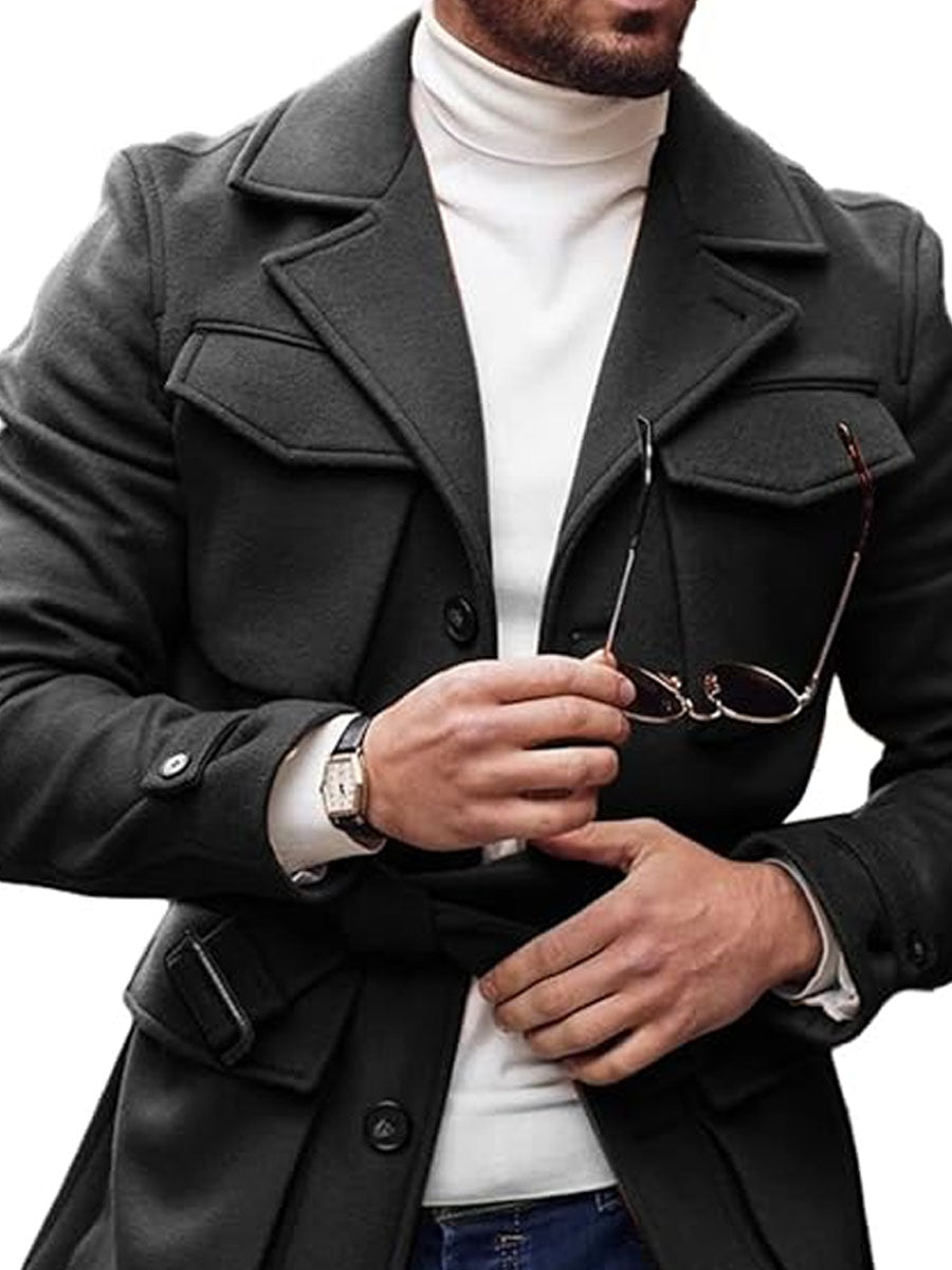 Men's Solid Color Multi-Pocket Lapel Lace-Up Woolen Coat 9888734085304
