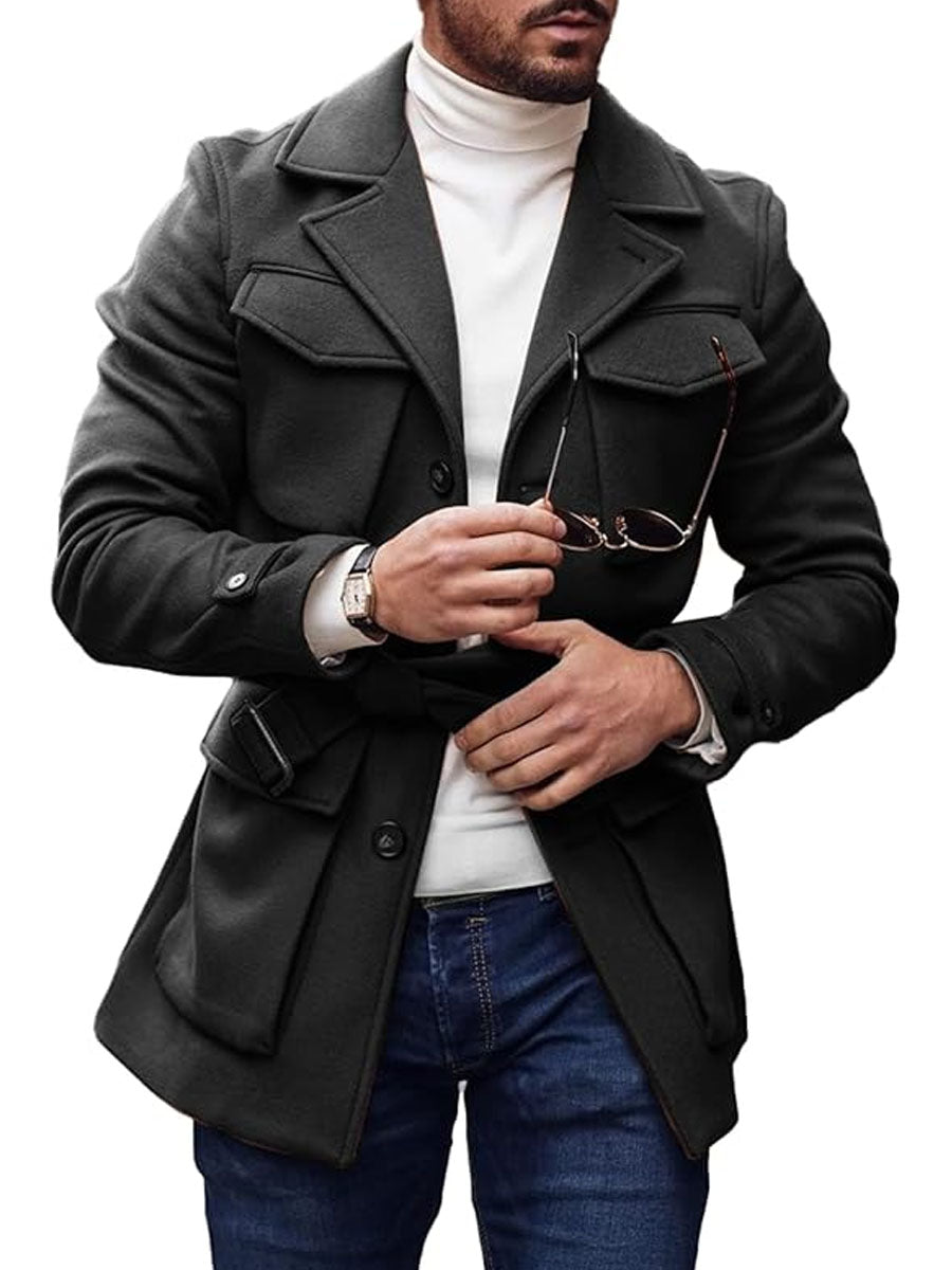 Men's Solid Color Multi-Pocket Lapel Lace-Up Woolen Coat 9888734085304