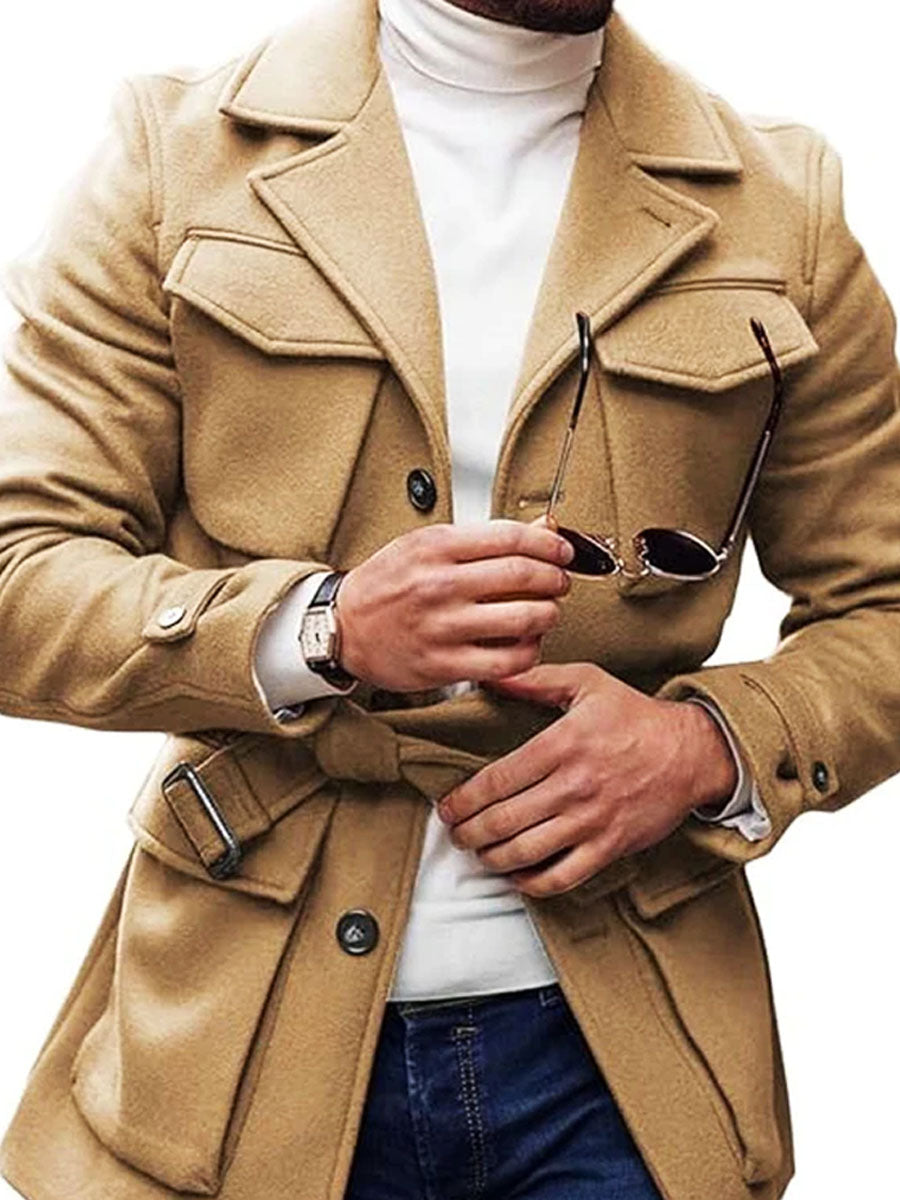 Men's Solid Color Multi-Pocket Lapel Lace-Up Woolen Coat 9888734085304