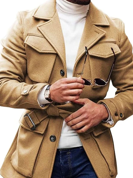 Men's Solid Color Multi-Pocket Lapel Lace-Up Woolen Coat 9888734085304